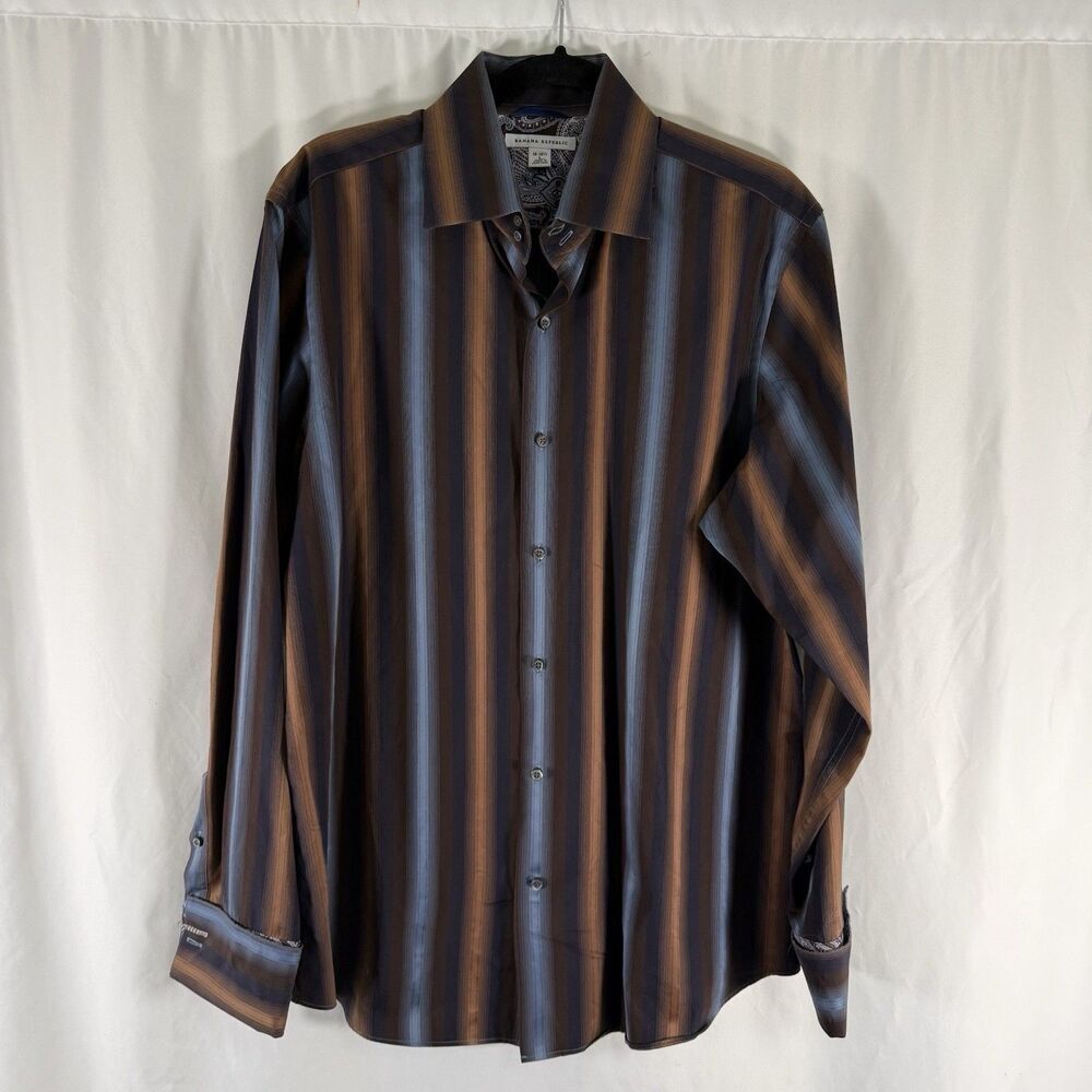 Banana Republic Dress Shirt Men's Large 16 16.5 Brown Striped Button Up Long Sl
